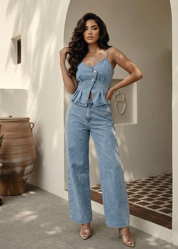 Denim Ruffle Pant Set - Couple Boutiques